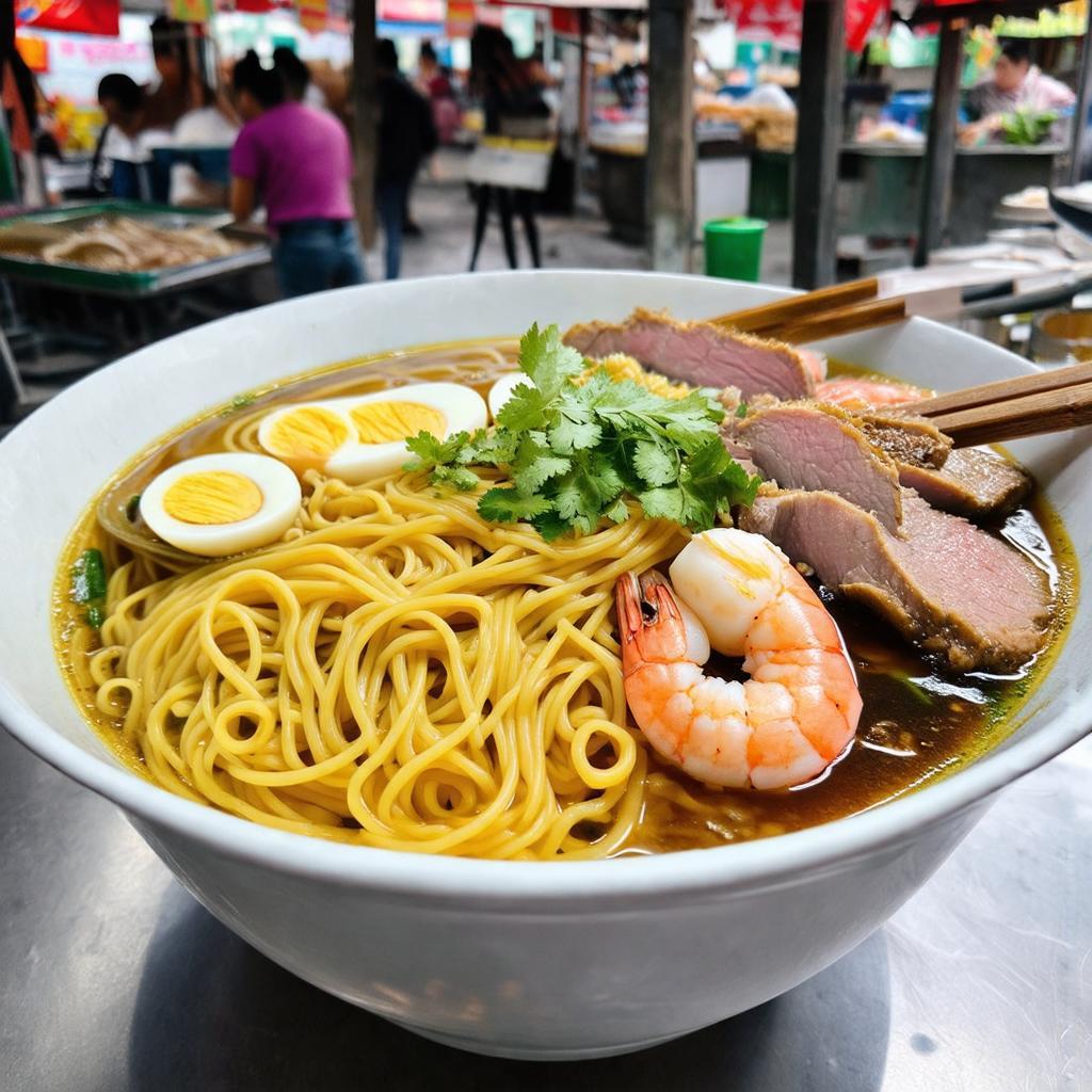 Một tô mì Quảng hấp dẫn với đầy đủ topping tại khu vực ẩm thực chợ Nam Phước